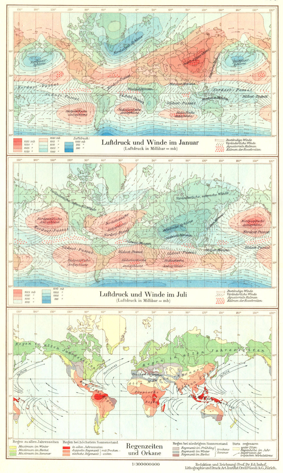 WORLD.Erde.Klima;Luftdruck Winde Januar;Juli;Regenzeiten Orkane 1958 old map